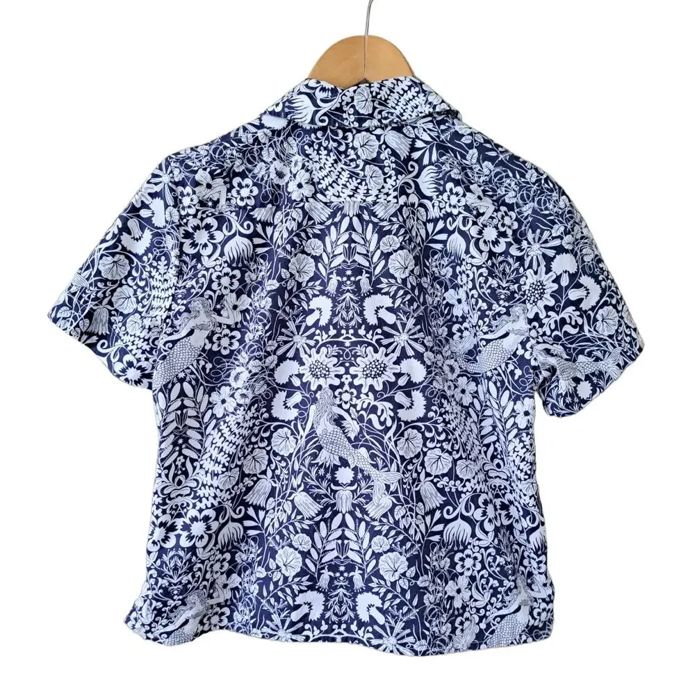 J CREW Gamine Button Down Short Sleeve Shirt Mermaid Floral  4 Navy Relaxed Fit